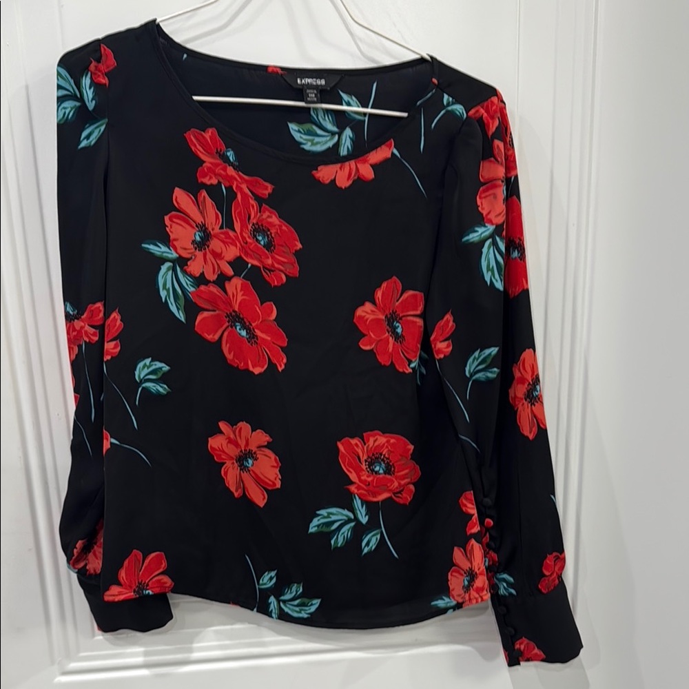 Express Black and Red Floral Blouse with Long Sleeves